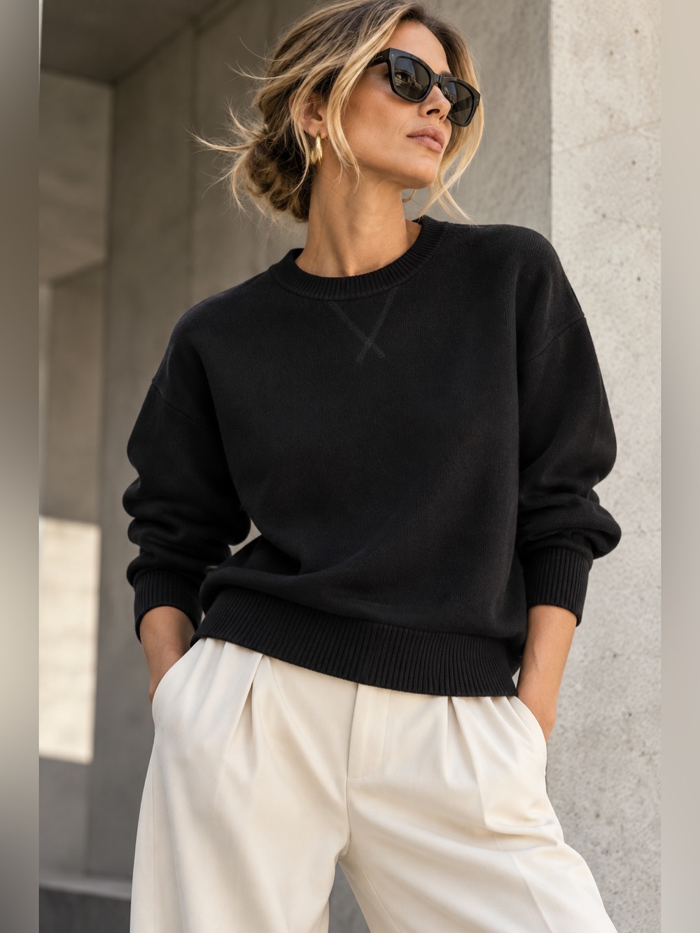 Everlane The Cotton-Merino Sweatshirt Women Sz L Black Camel Wool Quiet Luxury